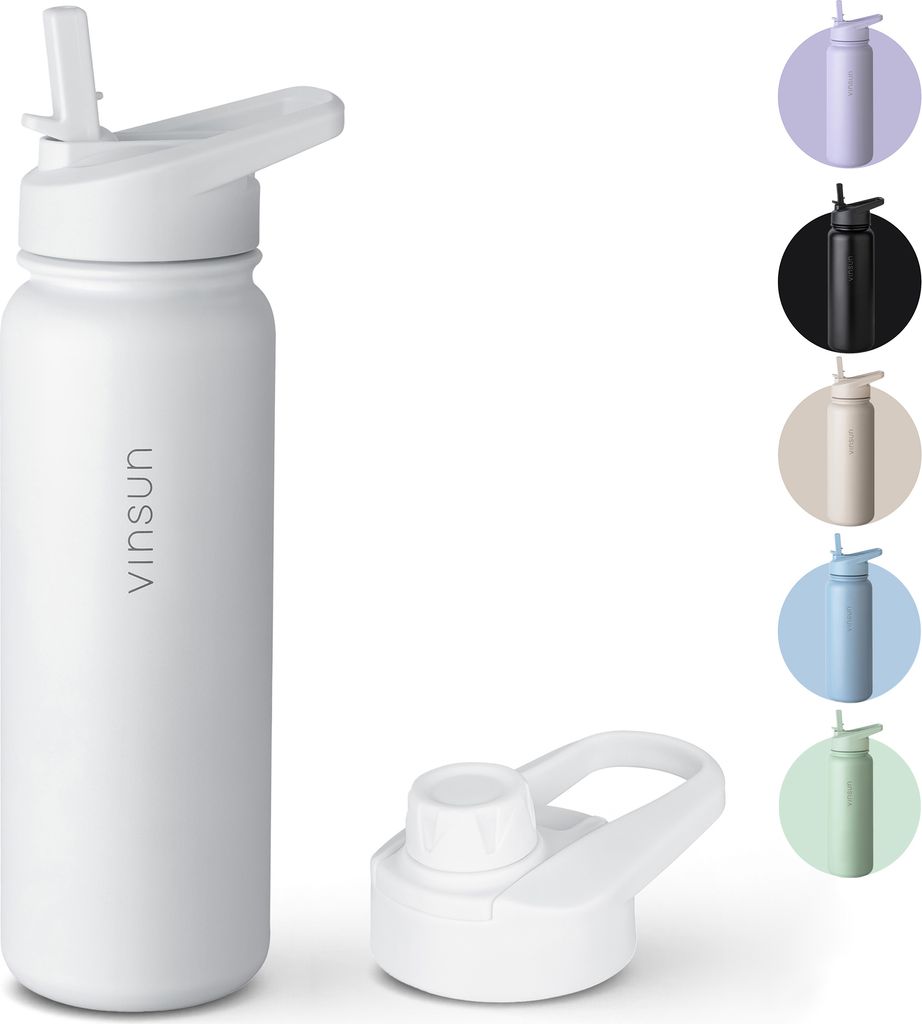 A white insulated water bottle with a straw lid is shown, along with a separate lid. To the right, there are circular swatches showing the bottle in various colors.