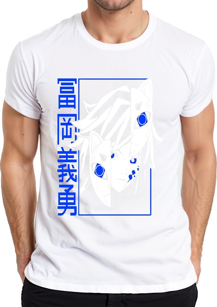 Kitsune Anime Halbgesicht Blauauge Japan Manga düster Geschenk Herren T-Shirt, Weiß, S