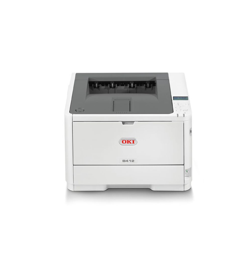 A white OKI B412dn S/W Laserdrucker is shown against a white background.