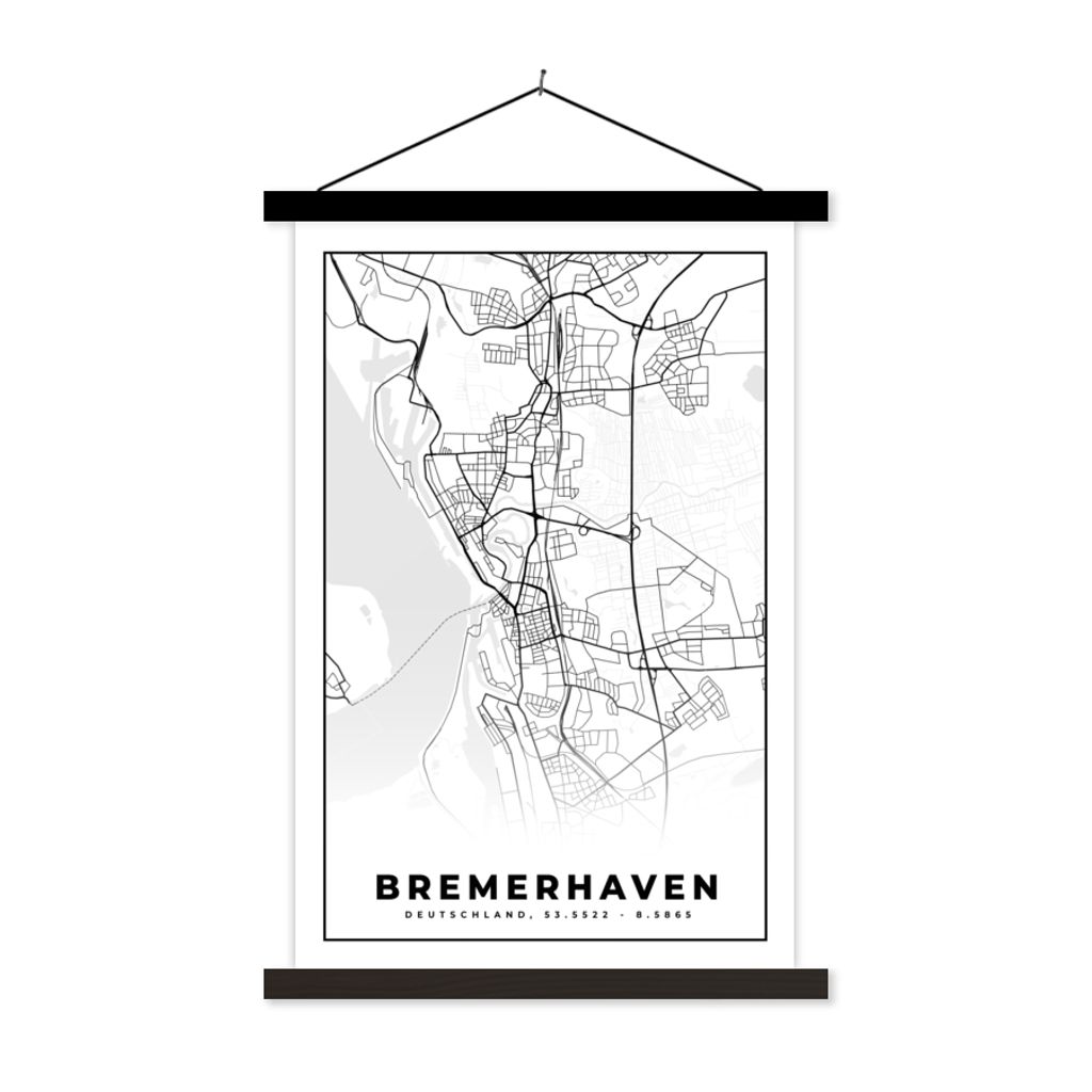 MuchoWow Textilposter Bremerhaven - Karte - Stadtplan 60x90 cm mit schwarzem Rahmen - Poster Wohnzimmer