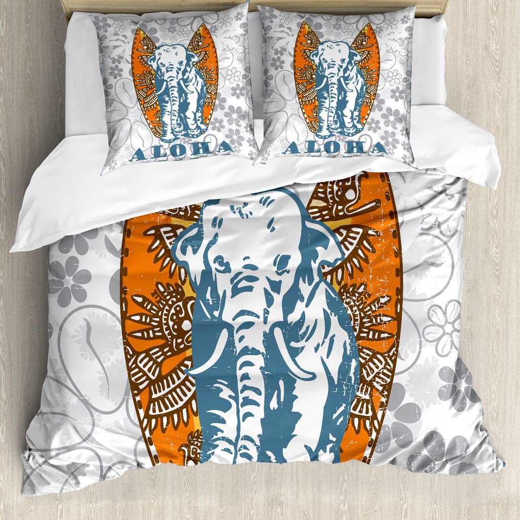 ABAKUHAUS Blumen Bettbezugs Set Für Doppelbetten, Surfbrett und Elefant, Milbensicher Allergiker geeignet mit Kissenbezügen, Schieferblau Pale Gr...