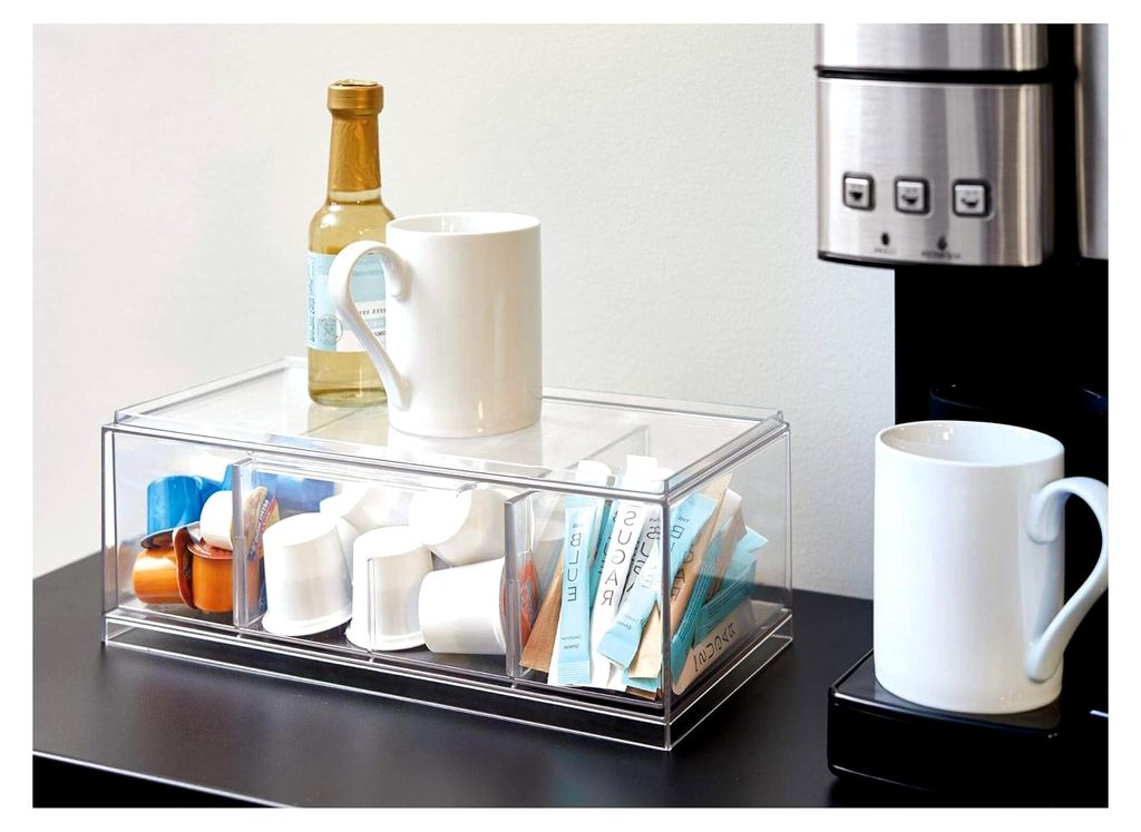 iDesign Teebeutel Aufbewahrungsbox mit 4 Fächern, Deckel und Schubladenfunktion, stapelbare Teebox mit verstellbaren Trennwänden, transparent