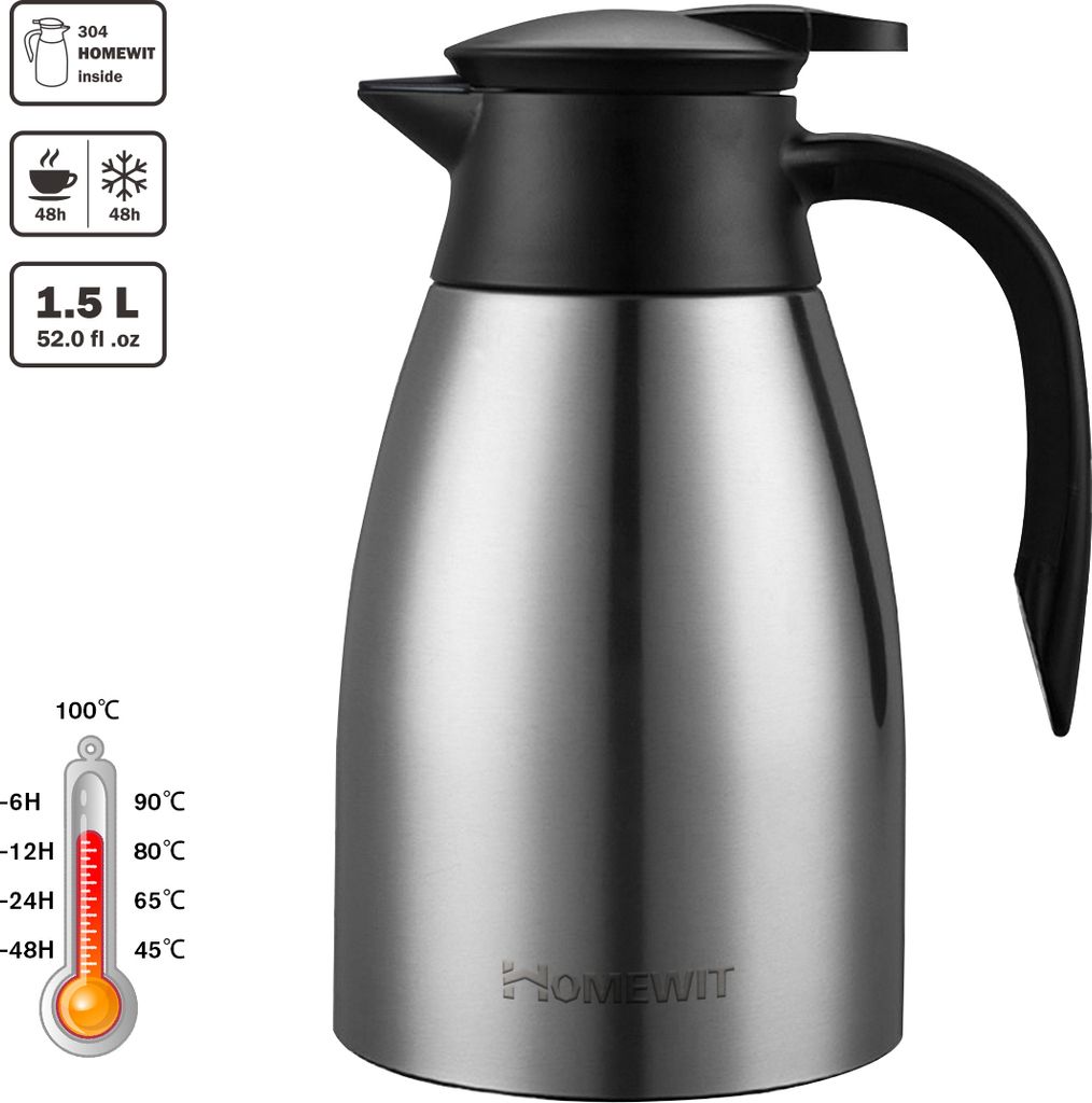 Tiken Thermoskanne 1,5 L – Doppelwandiger Edelstahl, Vakuumisolierung, Auslaufsicher, Für Kaffee & Co. – Ideal Für Büro, Zuhause & Unterwegs Edelstahl 304