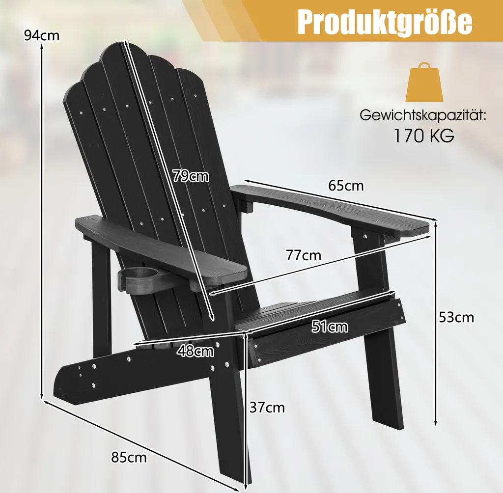 Fauteuil de Jardin Adirondack en Plastique Noir Résistant - Chaise d'Extérieur