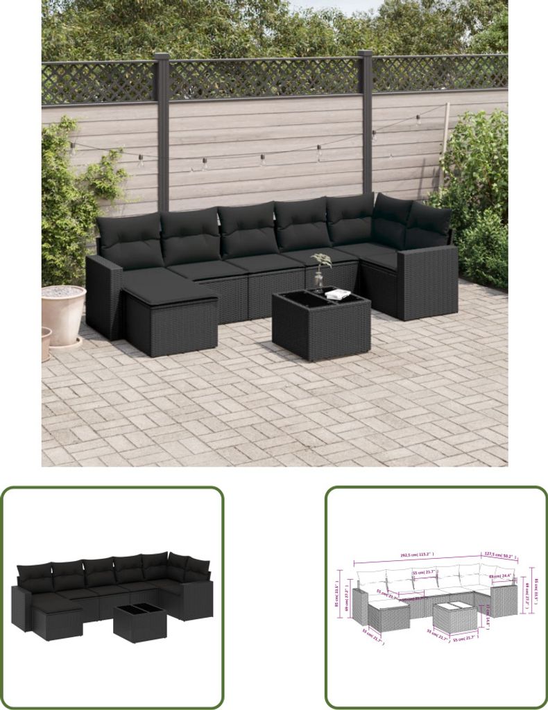 The Living Store 8-tlg. Garten-Sofagarnitur mit Kissen Schwarz Poly Rattan