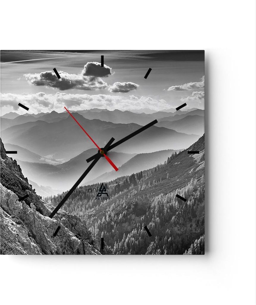 Wanduhr - Quadrat - Glasuhr - Schwarzweiß Landschaft Berge - 40x40cm - Schleichendes Uhrwerk - Lautlos - zum Aufhängen bereit - Dekoration Modern...
