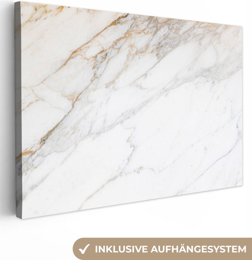 OneMillionCanvasses - Leinwandbilder - 150x100 cm, Marmor - Stein - Weiß - Gold - Marmoroptik - Stein - Luxus, Wandbilder Kunstdruck Wanddekoration