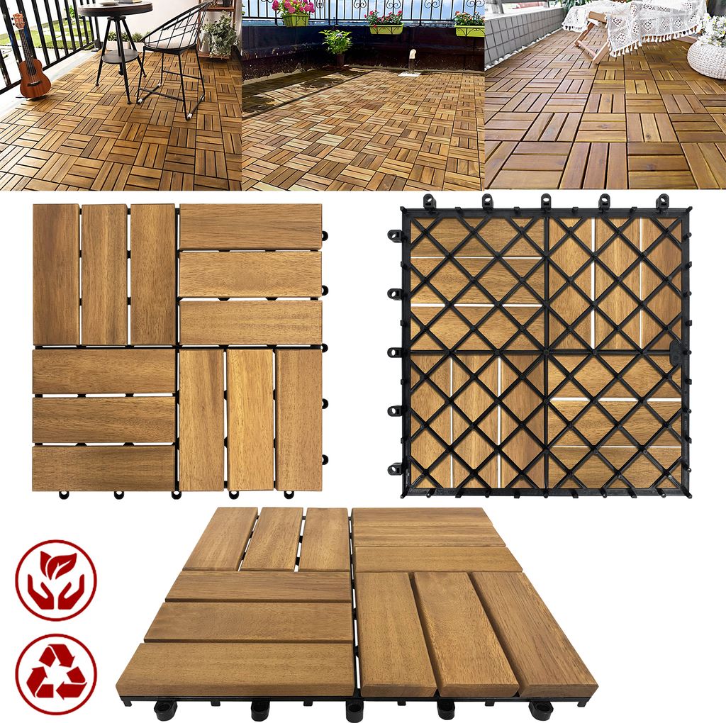 LARS360 Holzfliesen Balkon 30 x 30 cm Akazien-Holz Terrassenfliese Balkonfliesen Klickfliese, Bodenbelag, Drainage, Garten Klick-Fliese (77 Stück)