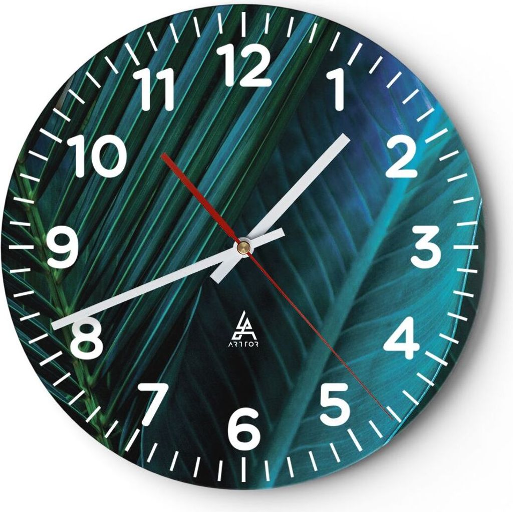 Wanduhr - Rund - Glasuhr - Blatt Tropen Grün - 30x30cm - Schleichendes Uhrwerk - Lautlos - zum Aufhängen bereit - Dekoration Modern - Wanddekorat...
