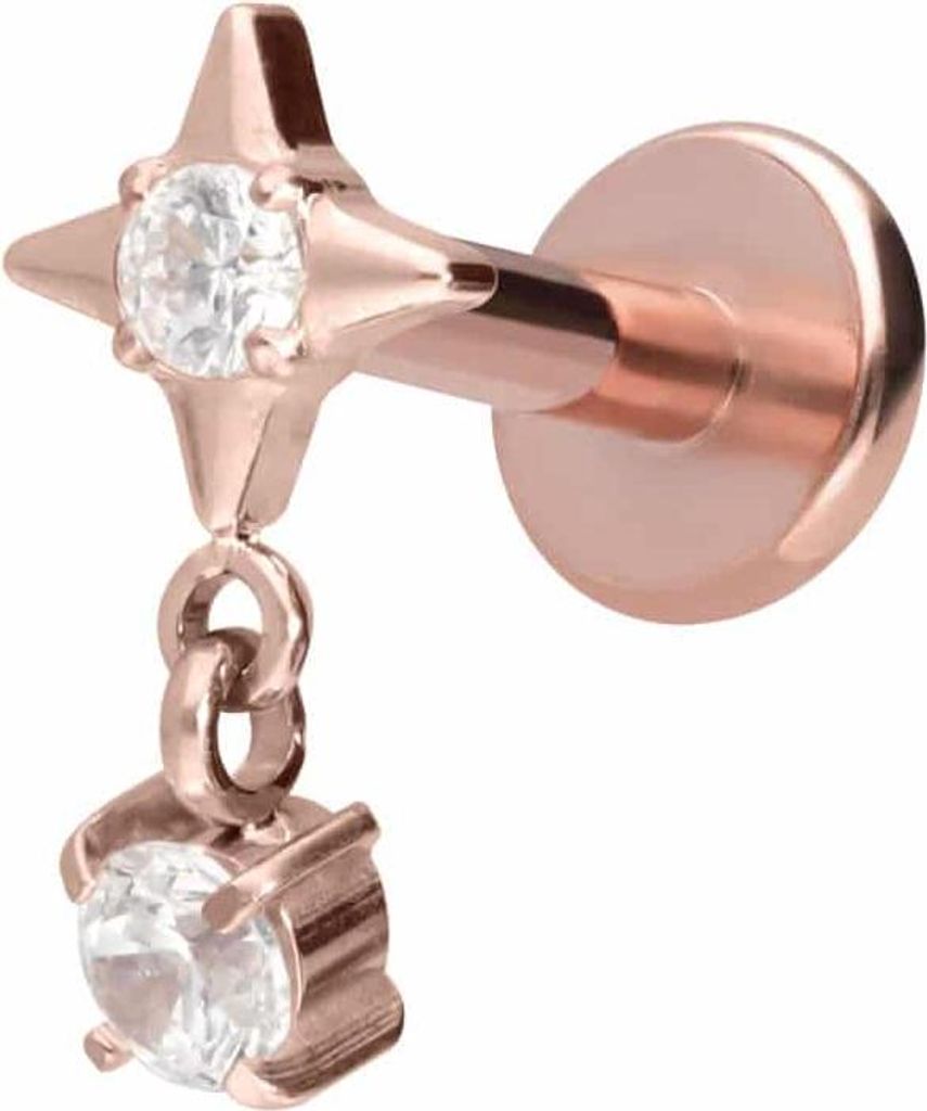Ohrpiercing, Nasenpiercing Titan Labret mit Innengewinde STERN + KRISTALL RoséGold Stablänge: 10mm | Stabstärke: 1,6mm