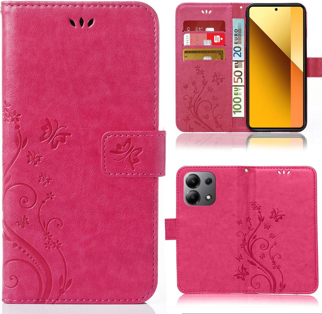 Handy Tasche für Xiaomi Redmi Note 13 Pro Schutz Hülle Handyhülle mit Blumenmuster Klapp Hülle mit Standfunktion und Kartenfächer Pink