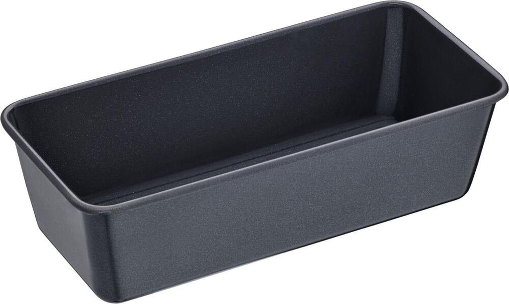 A dark gray loaf pan is shown from a diagonal, slightly elevated angle against a white background.