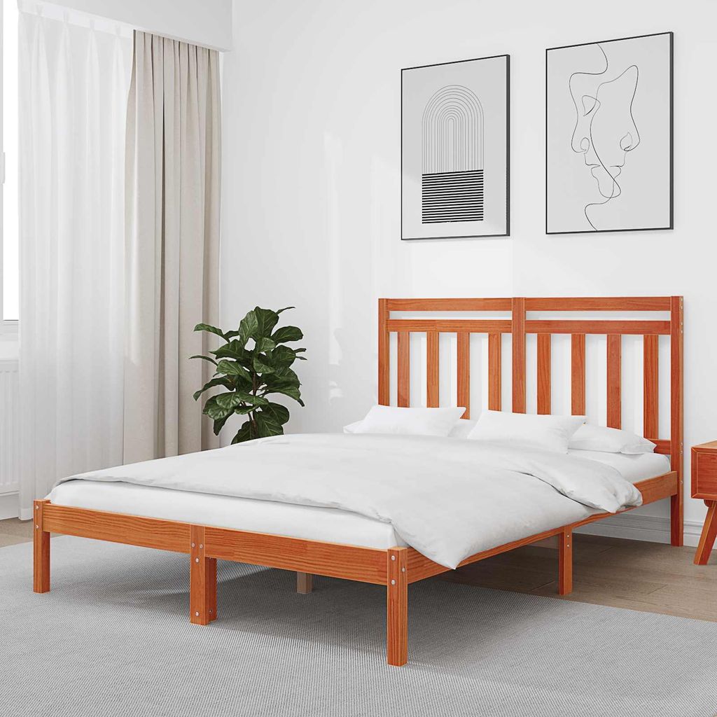 "Schlussverkauf" Doppelbett - Bettgestell 2 PLACES - Wachsbraun 205,5x145,5x100 cm Massivholz Kiefer C5246
