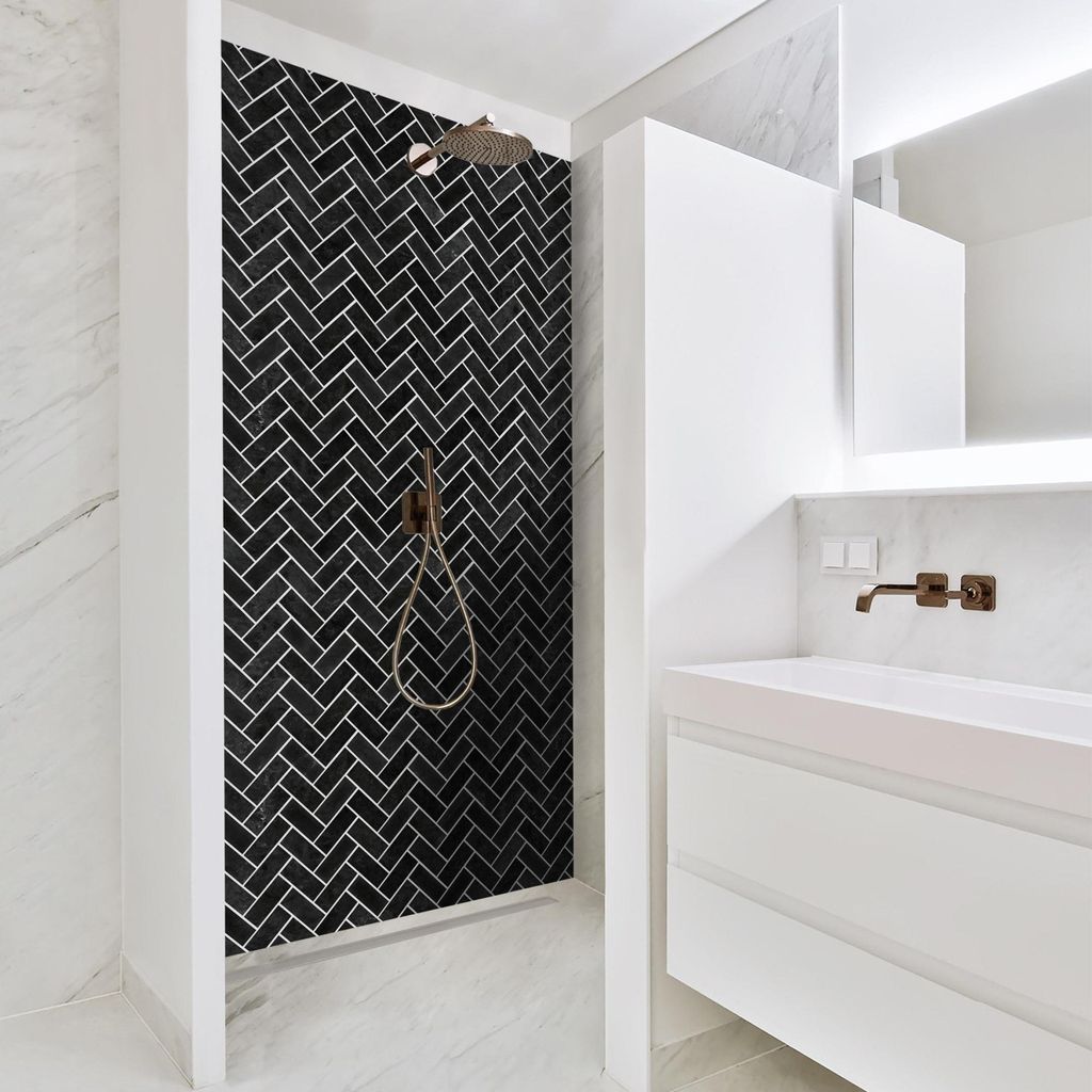 Duschrückwand mit Motiv selbstklebend - 0.61 mm Wandpaneel wasserfest Design schwarz Fliesenoptik Badrückwand fugenlos Premium matt 110x200 cm
