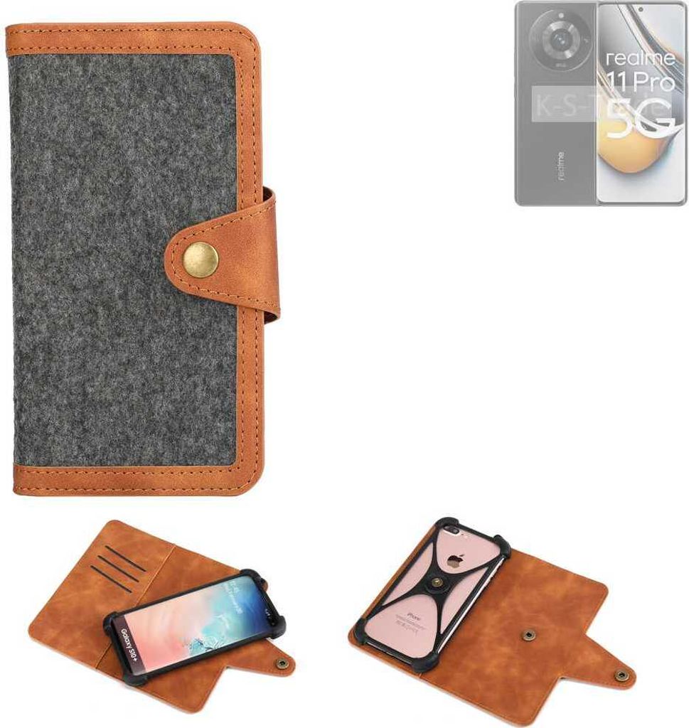 K-S-Trade Schutzhülle Handyhülle kompatibel mit Realme 11 Pro Filz Hülle Kunst-Leder dunkelgrau braun (1x)