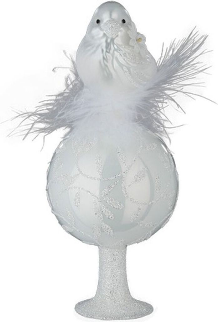 Christbaumspitze Glas 19cm Vogel auf Federn Weiß