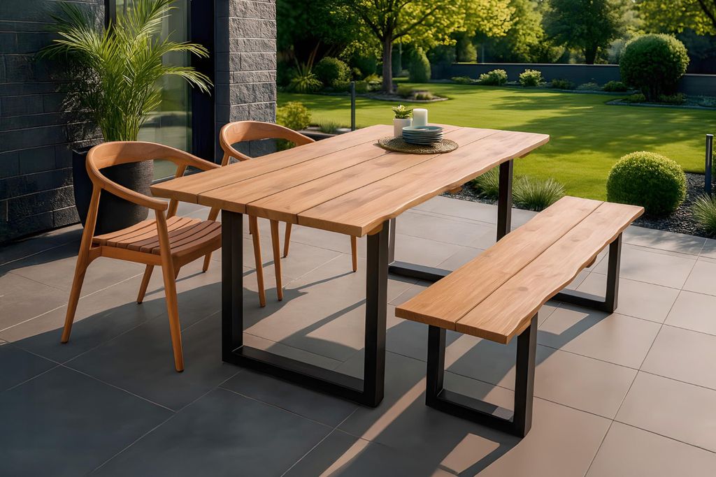 4 TLG. Gartengruppe Bogota | Gartentisch 220x100 cm | Teakholz massiv | echte Baumkante | U-Gestell Metall Schwarz | Outdoor-Esstisch mit Gartenban...