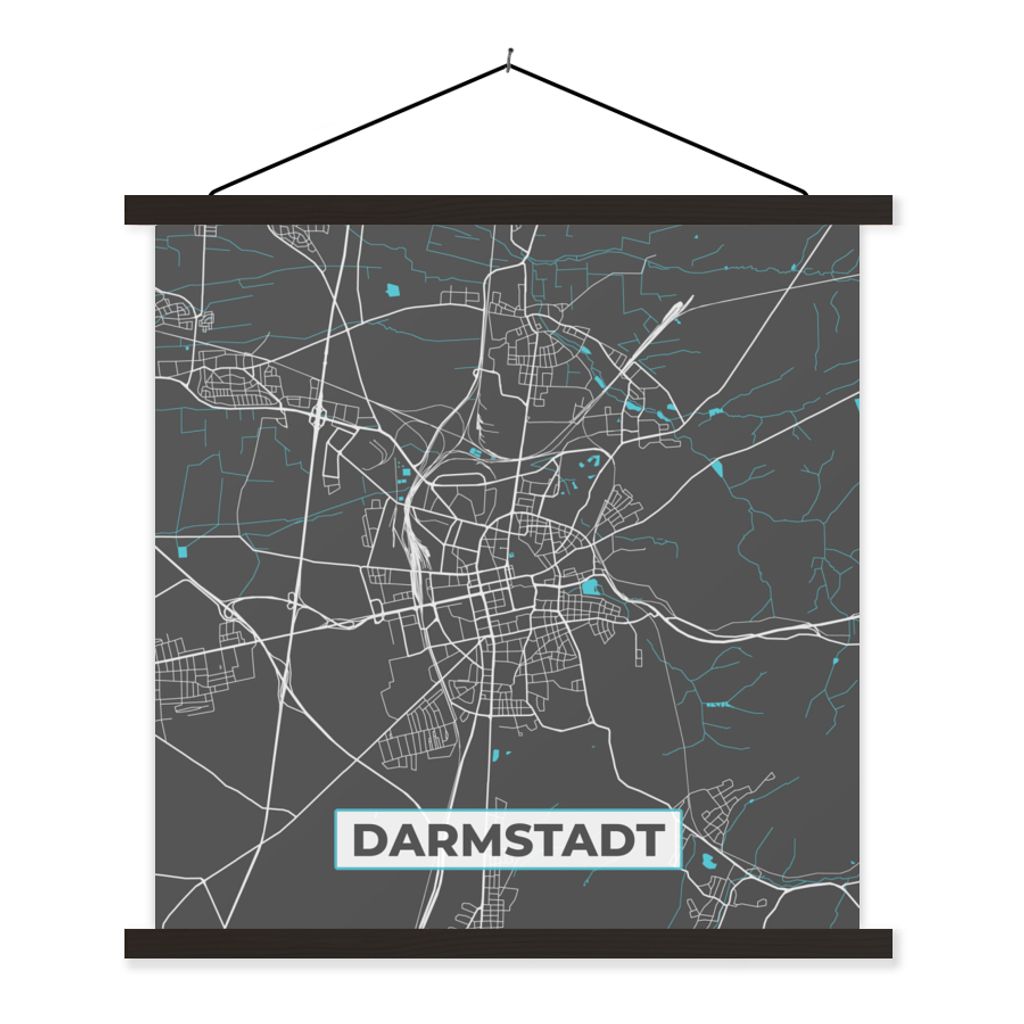 MuchoWow Textilposter Stadtplan - Karte - Darmstadt - Blau - Deutschland - Karte 120x120 cm mit schwarzem Rahmen - Aufhängungsset