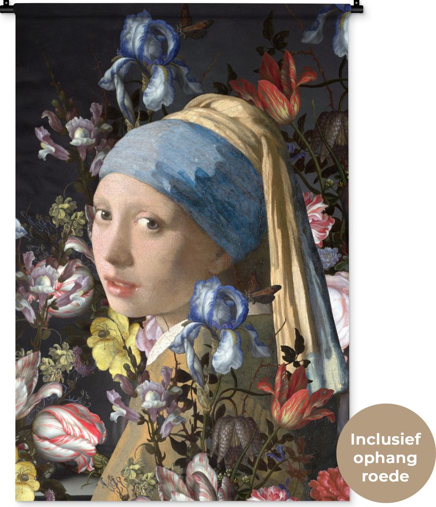 MuchoWow Wandteppich Wandbehang Das Mädchen mit dem Perlenohrring - Johannes Vermeer - Blumen 90x135 cm Tapisserie Dekoration Wandtuch - Baumwol...