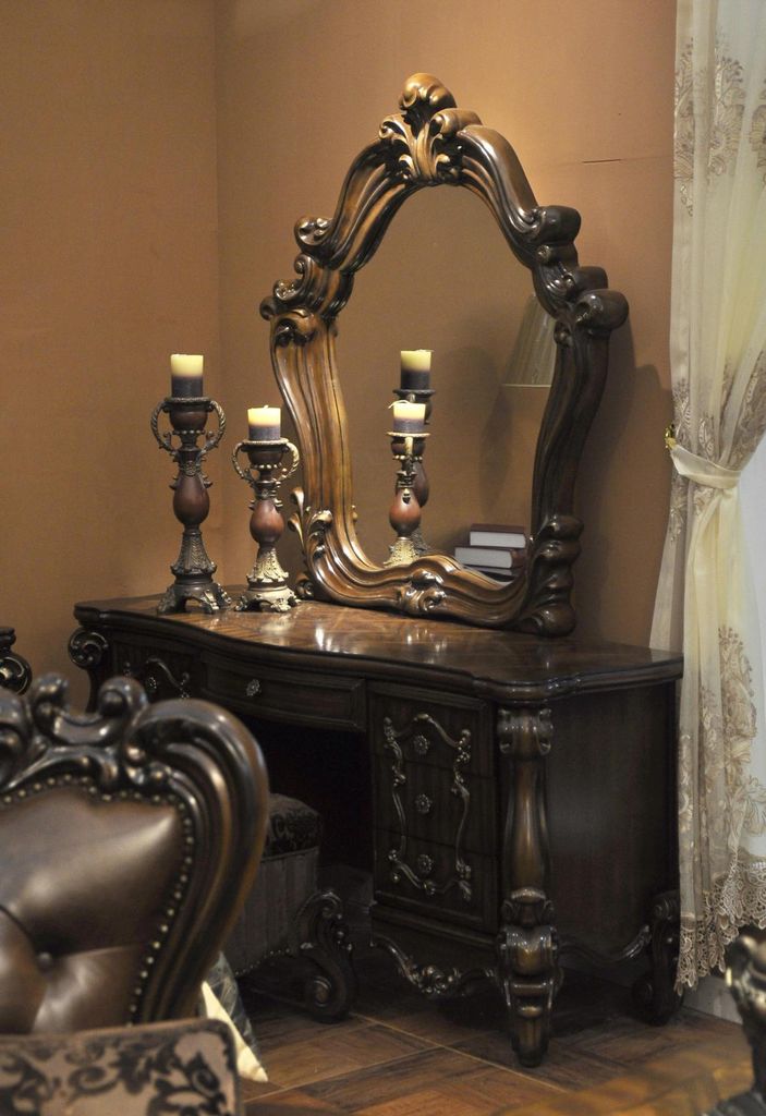 Geschnitzte Barock Möbel Schminktisch Hocker Spiegel Schlafzimmer Kommode 3tlg.