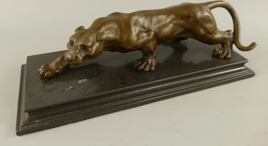 Léopard en bronze massif sur socle marbre 40cm, finition luxe antique