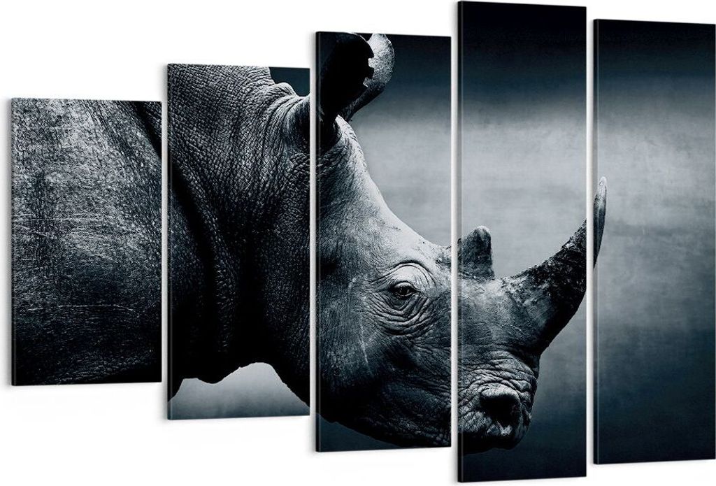 Bild auf Leinwand - Leinwandbild - 5 Teile - Nashorn Schwarzweiß Porträt - 150x100cm - Wand Bild - Wanddeko - Wandbilder - Leinwanddruck - Bilder...