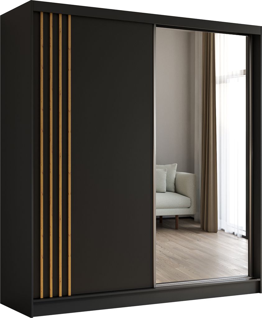 Masseno Schiebetürenschrank NELVIA 200 cm Kleiderschrank Schlafzimmer Schrank 2-türig mit Spiegel und Lamellen Schwarz