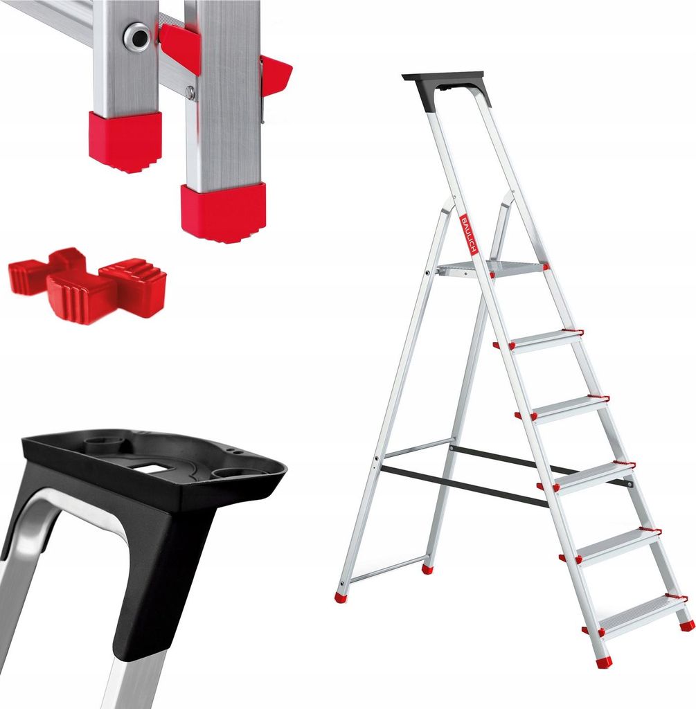 Baulich | Aluminium Haushaltsleiter - 6 Stufen - Maximale Belastung 125 Kg - Höhe 3,19 M - Mit Regal