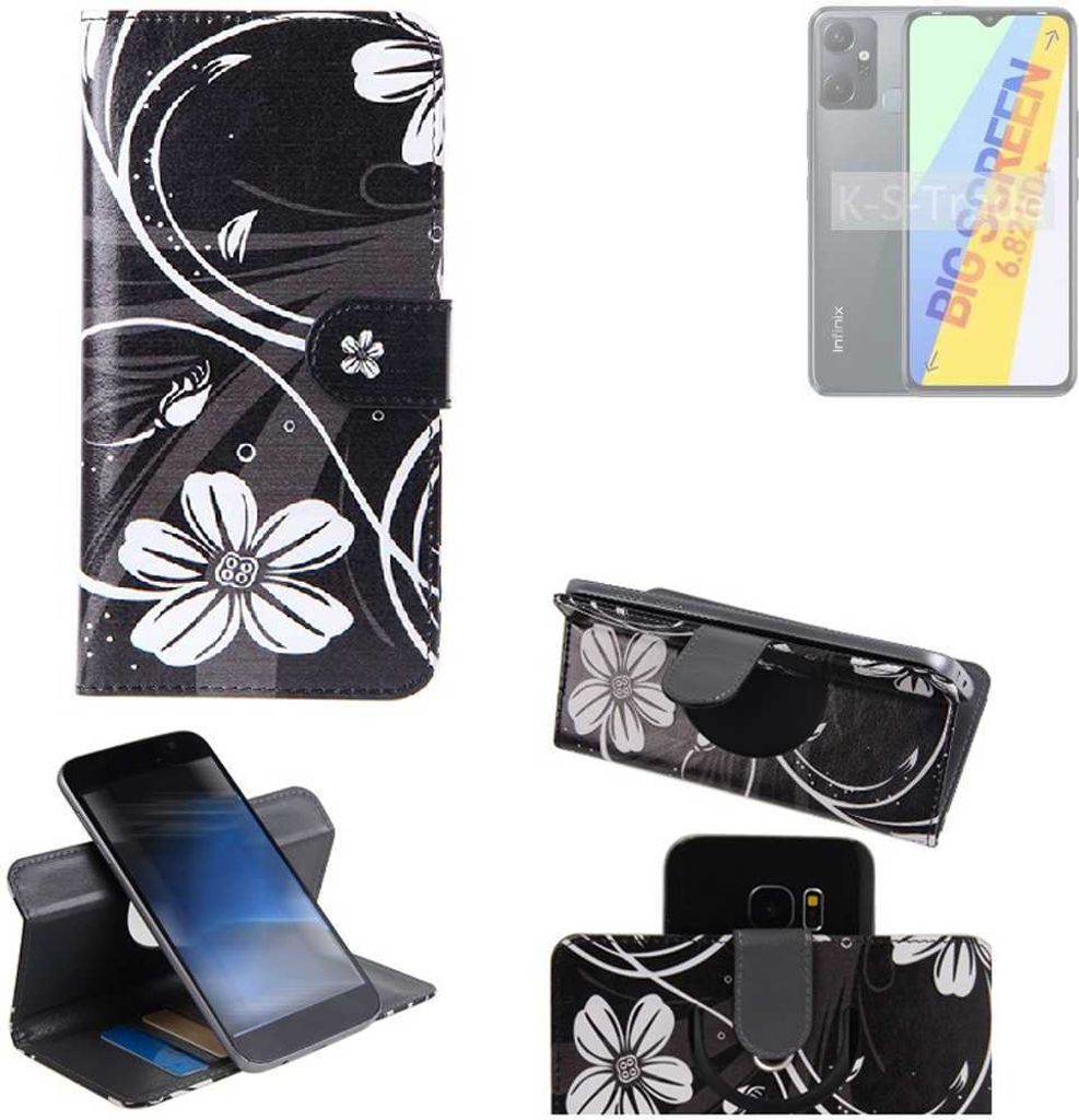 K-S-Trade Schutzhülle Handyhülle kompatibel mit Infinix Smart 6 Plus X6823C Hülle 360° Wallet Case “Flowers“ Klapphülle Hülle schwarz-weiß