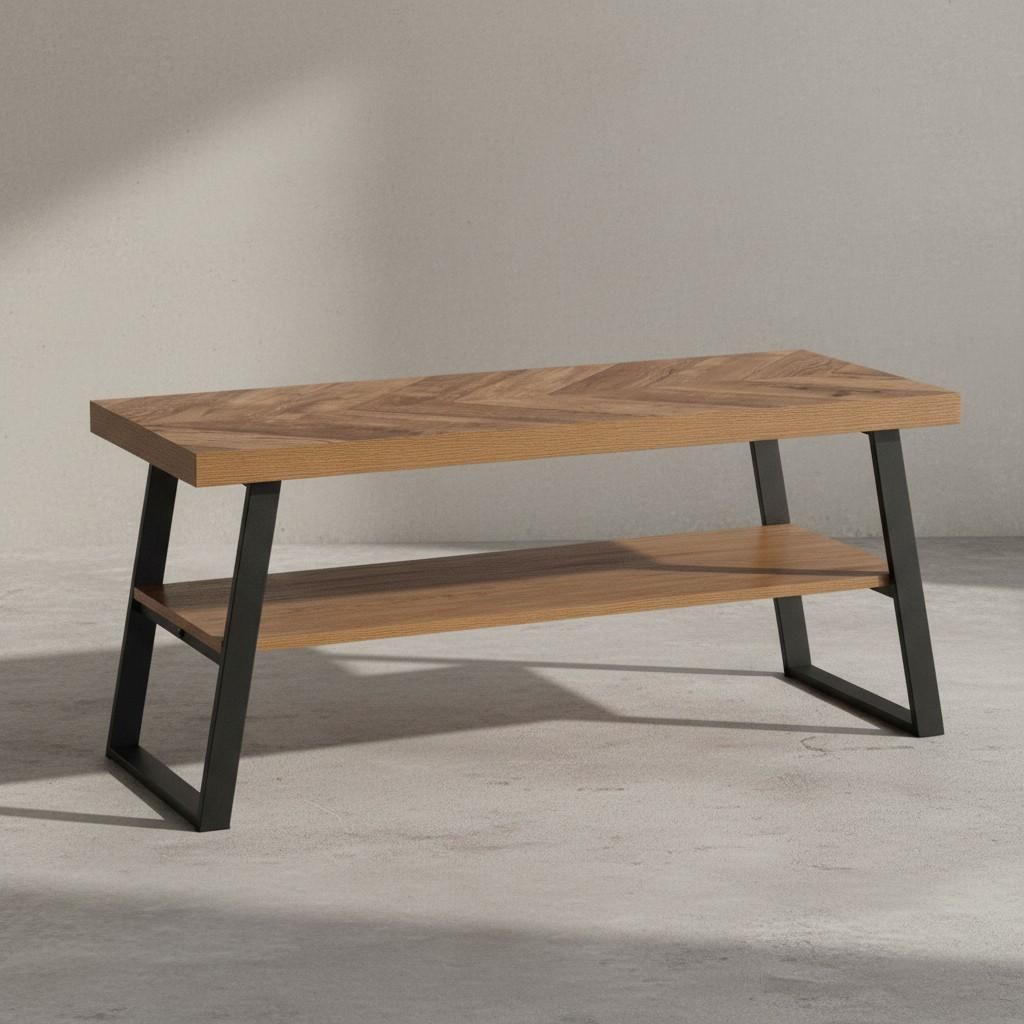 Couchtisch 100x40x41 cm Sofatisch Braun mit Fischgrät-Muster, Design Wohnzimmertisch Rechteckig, Loungetisch Modern mit Ablage, Kaffeetisch mit Me...