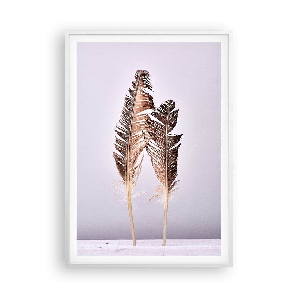 Gerahmtes Poster - Weißer Rahmen - Zwei Federn Flieder - 70x100 cm - Wand Bild - Wanddeko - Wandbilder - Kunstposter - Wandposter - Bilderrahmen -...