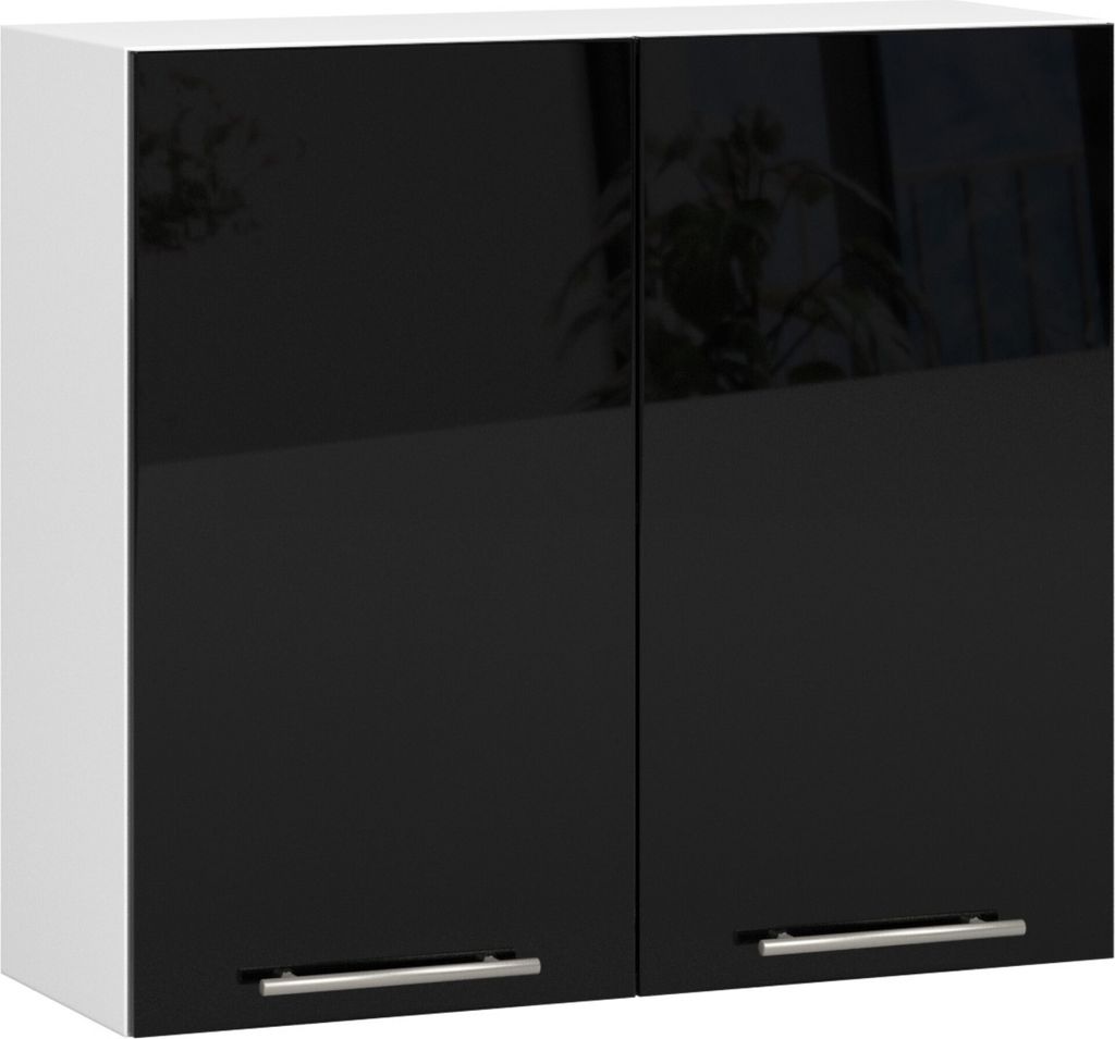 Hängeschrank Küchenschrank AKORD OLIWIA modular W80 Weiß 80 cm 2 Türen 2 Ebenen Front Schwarz Hochglanz B80 x H72 x T30 cm