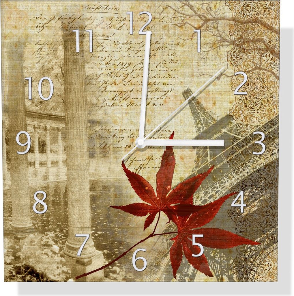 Wallario Design Wanduhr Paris Design - Eiffelturm im Herbst aus Aluverbund, Größe 30 x 30 cm