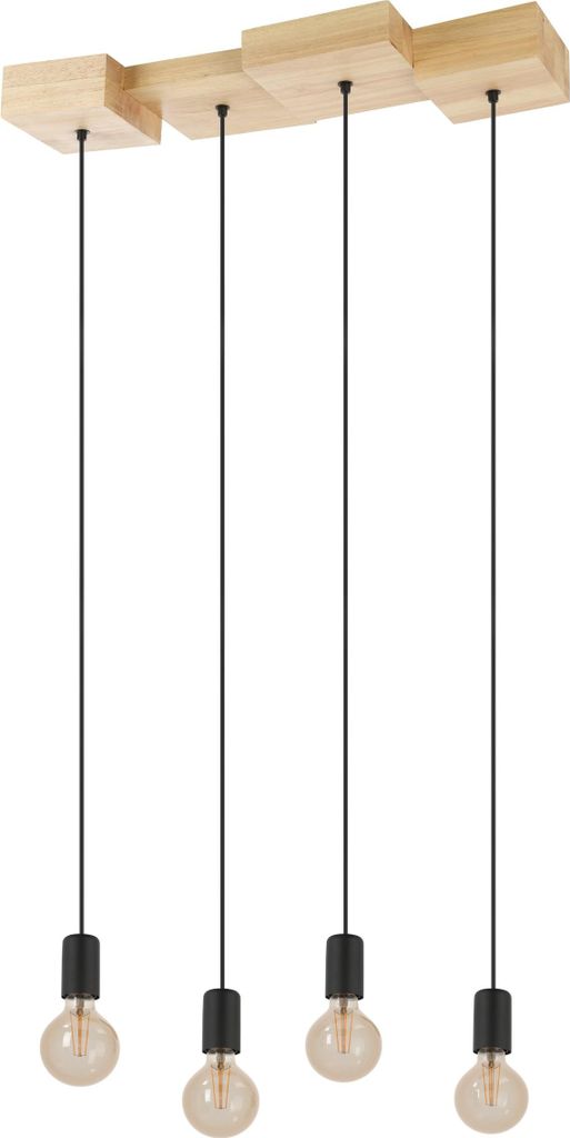 EGLO Hängelampe Halkin, Esstisch Pendelleuchte 4-flammig, Esszimmerlampe aus Holz in Natur und Metall, FSC100HB, Hängeleuchte mit E27 Fassung