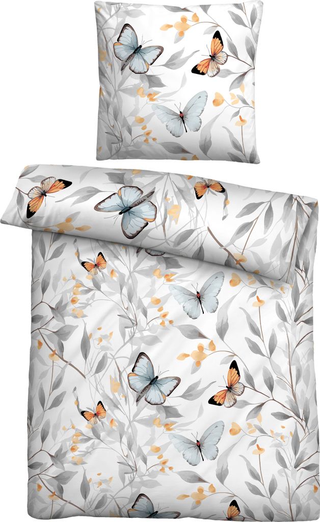 Biberna Lyocell Bettwäsche Schmetterlinge, 135 x 200 cm + 80 x 80 cm, weiß