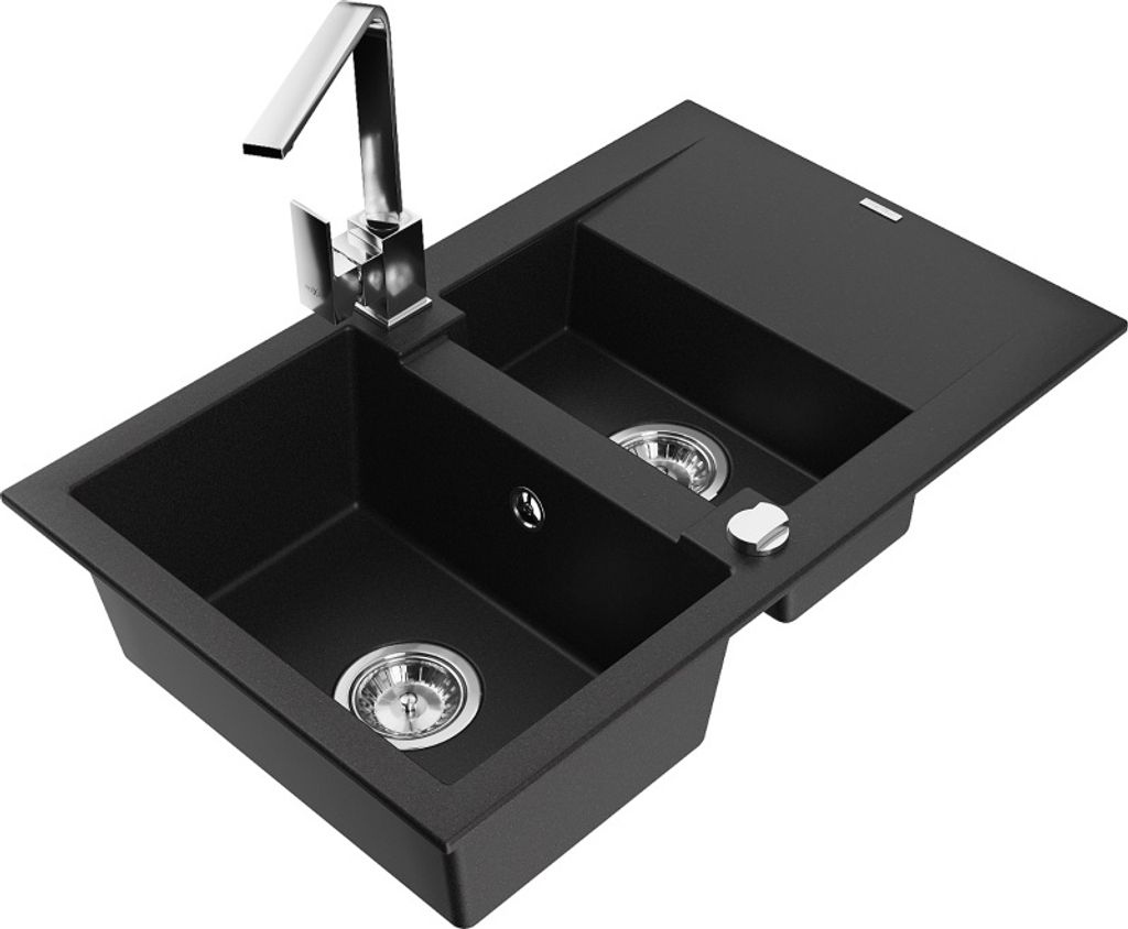 Mexen Gaspar 1,5-Becken-Granitspüle mit Abtropffläche und Mischbatterie Rita, Schwarz - 6507-77-670300-00