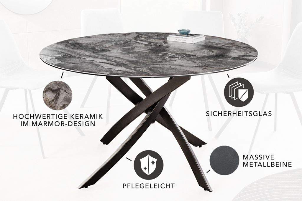 Riess Alpine Runder Esstisch 120cm - Keramikplatte In Taupe, Schwarzes Metallgestell