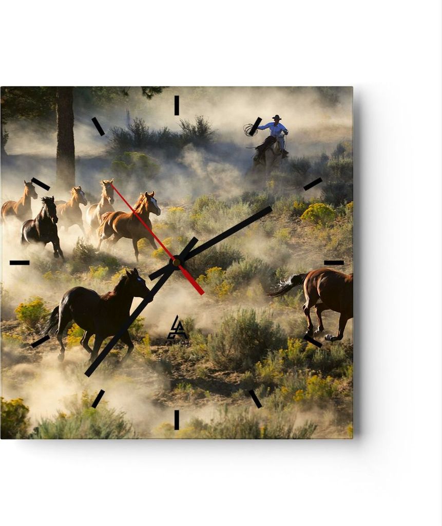Wanduhr - Quadrat - Glasuhr - Cowboy Cowgirl Pferd - 30x30cm - Schleichendes Uhrwerk - Lautlos - zum Aufhängen bereit - Dekoration Modern - Wandde...