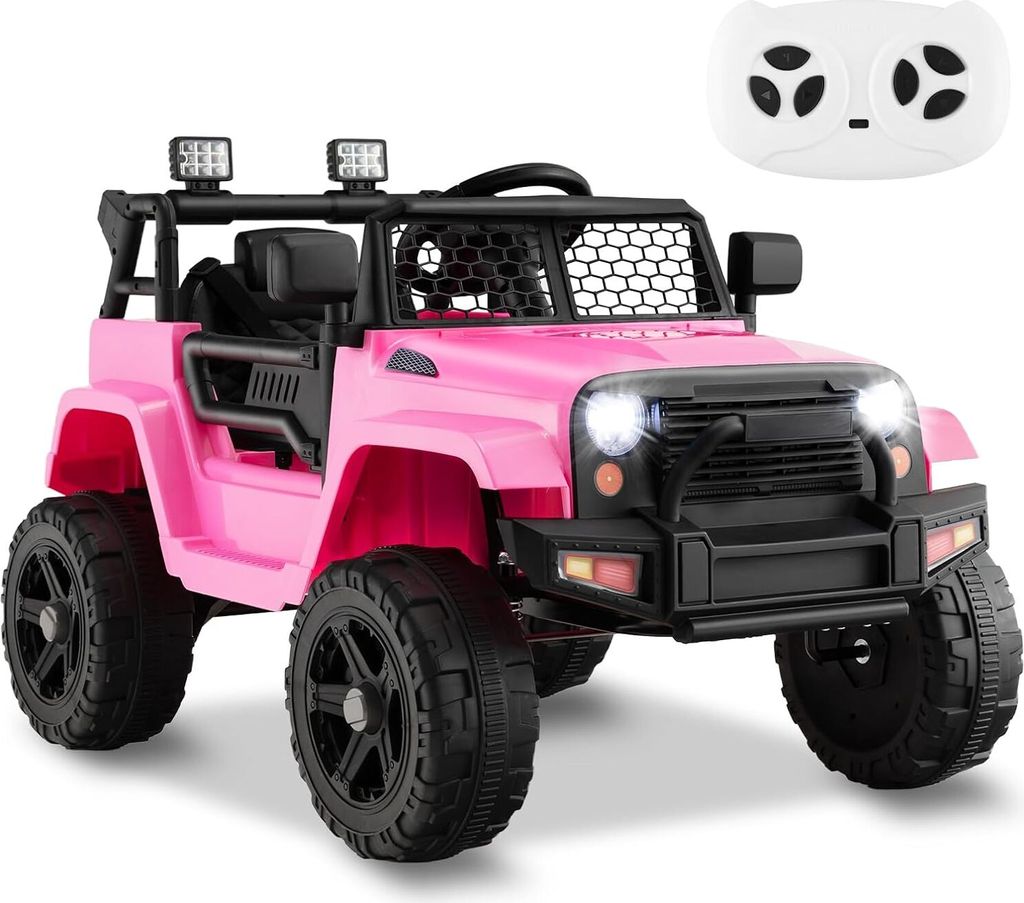 12V Kinder Elektroauto mit 2,4G Fernbedienung, Kinderfahrzeug mit Hupe & LED Scheinwerfer & Federung & Musik & MP3, ab 3 Jahre (Rosa)