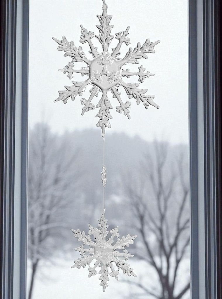 Two snowflake ornaments hang in a window with a snowy landscape visible outside.