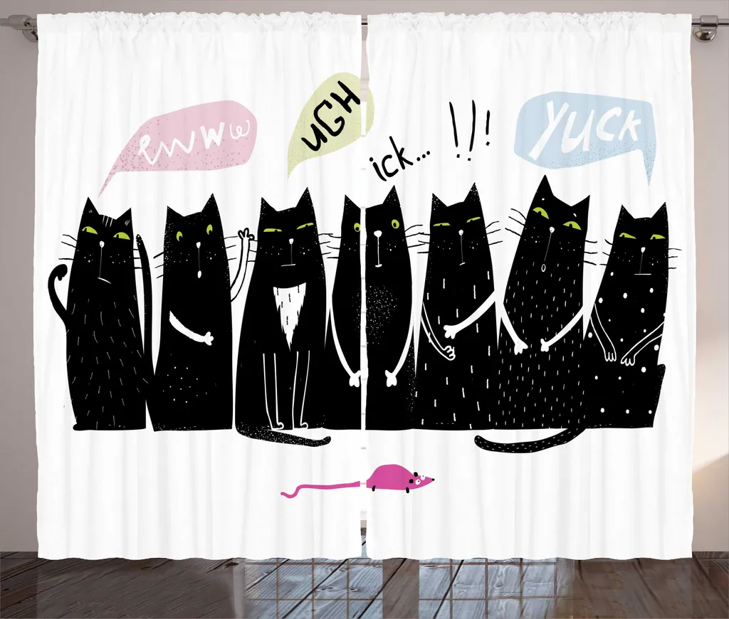 Paire de Rideaux Universels à Motif Chat Rigolo 280x225 cm Anthracite