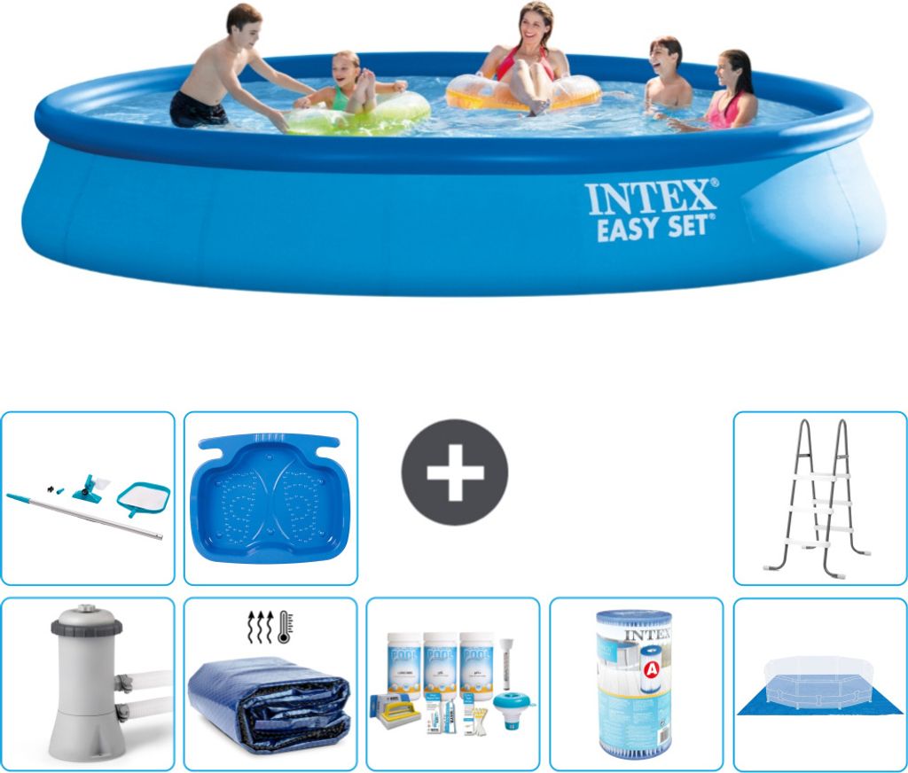 Intex runder aufblasbarer Easy Set-Schwimmpool – 457 x 84 cm – Blau – inklusive Pumpe Sonnensegel - Wartungspaket - Filter - Bodenplane - Rei...