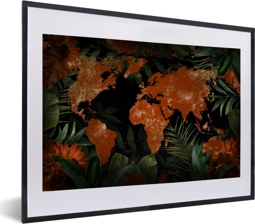 MuchoWow MuchoWow Gerahmtes Poster Weltkarte - Gold - Pflanzen 60x40 cm - Poster mit zchwarzem Bilderrahmen - Schlafzimmer - Plakat in Rahmen -...