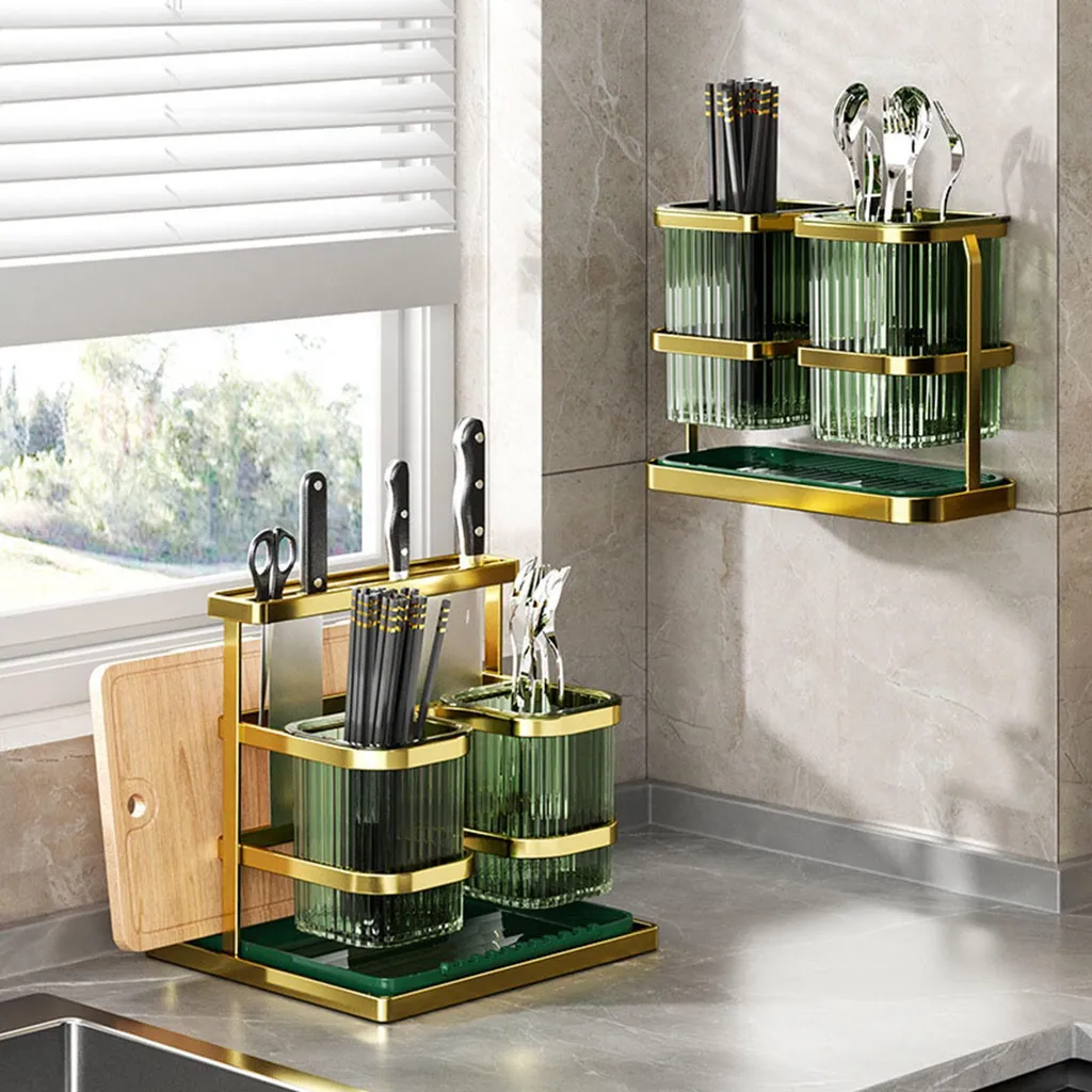 Support de cuisine multifonctionnel avec égouttoir et porte-couteaux 3-en-1