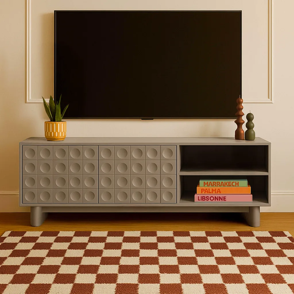 Meuble TV 2 portes beige 160 cm Octave : Rangez vos câbles avec style