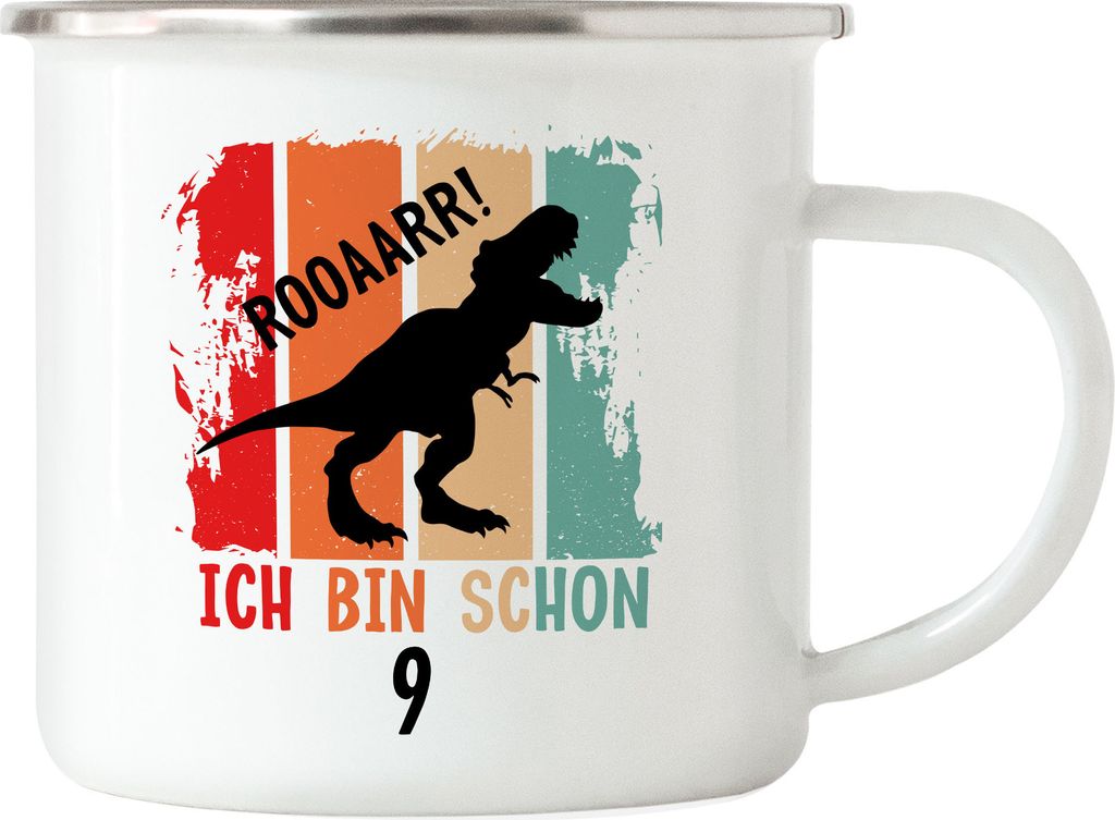 Roooaarr Ich Bin 9 Emaille Tasse Dinosaurier Dino T-Rex Geburtstagskind Geschenkidee