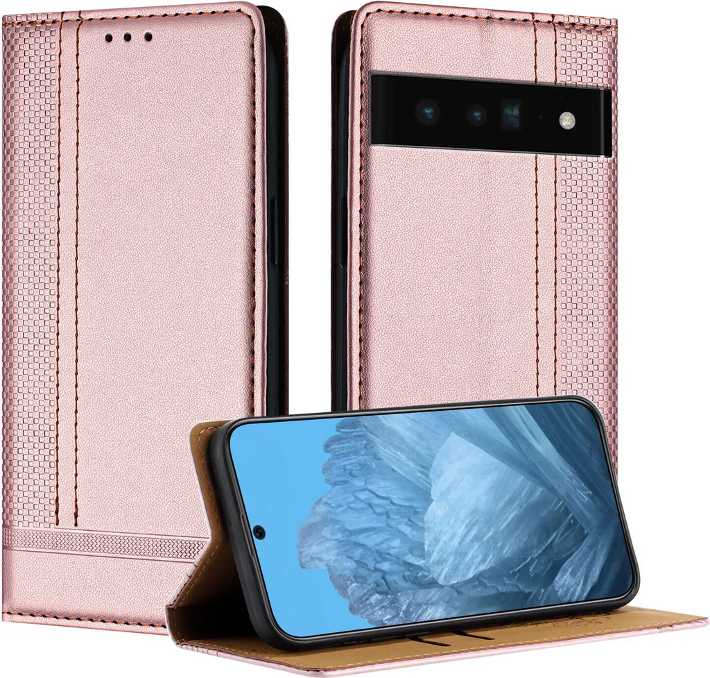 Custodia Protettiva Pixel 6 Pro Pelle Rosa - Funzione Stand e Wallet