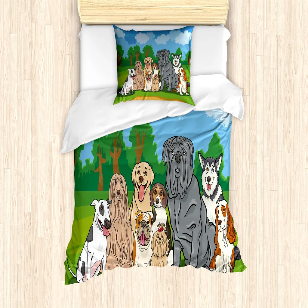 Parure de lit 1 personne motif chiens au parc, anti-acarien 135x200 cm