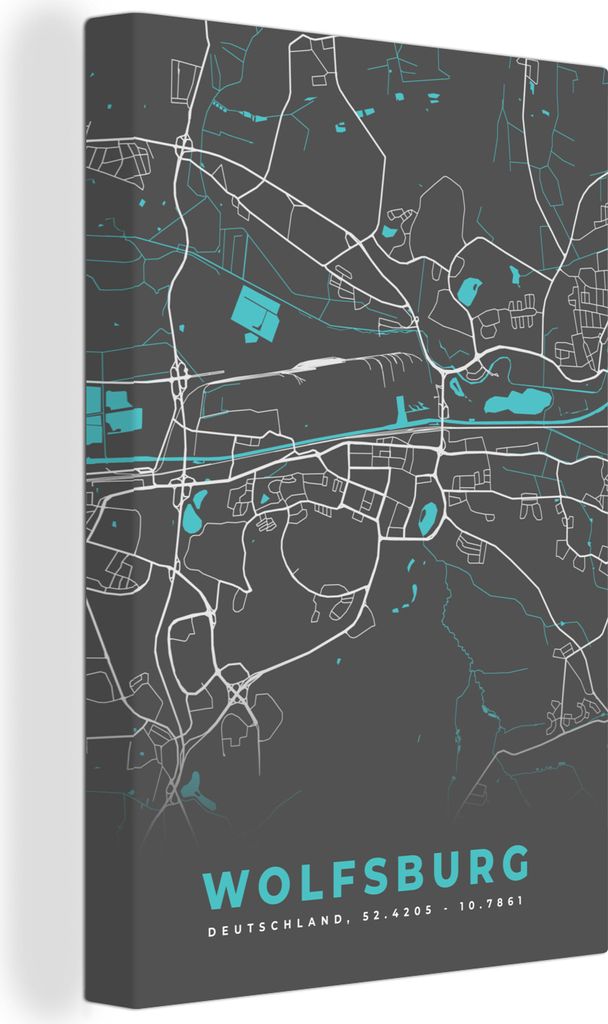 OneMillionCanvasses - Leinwandbilder - 90x140 cm, Stadtplan - Karte - Wolfsburg - Blau - Deutschland - Karte, Wandbilder Kunstdruck Wanddekoratio...
