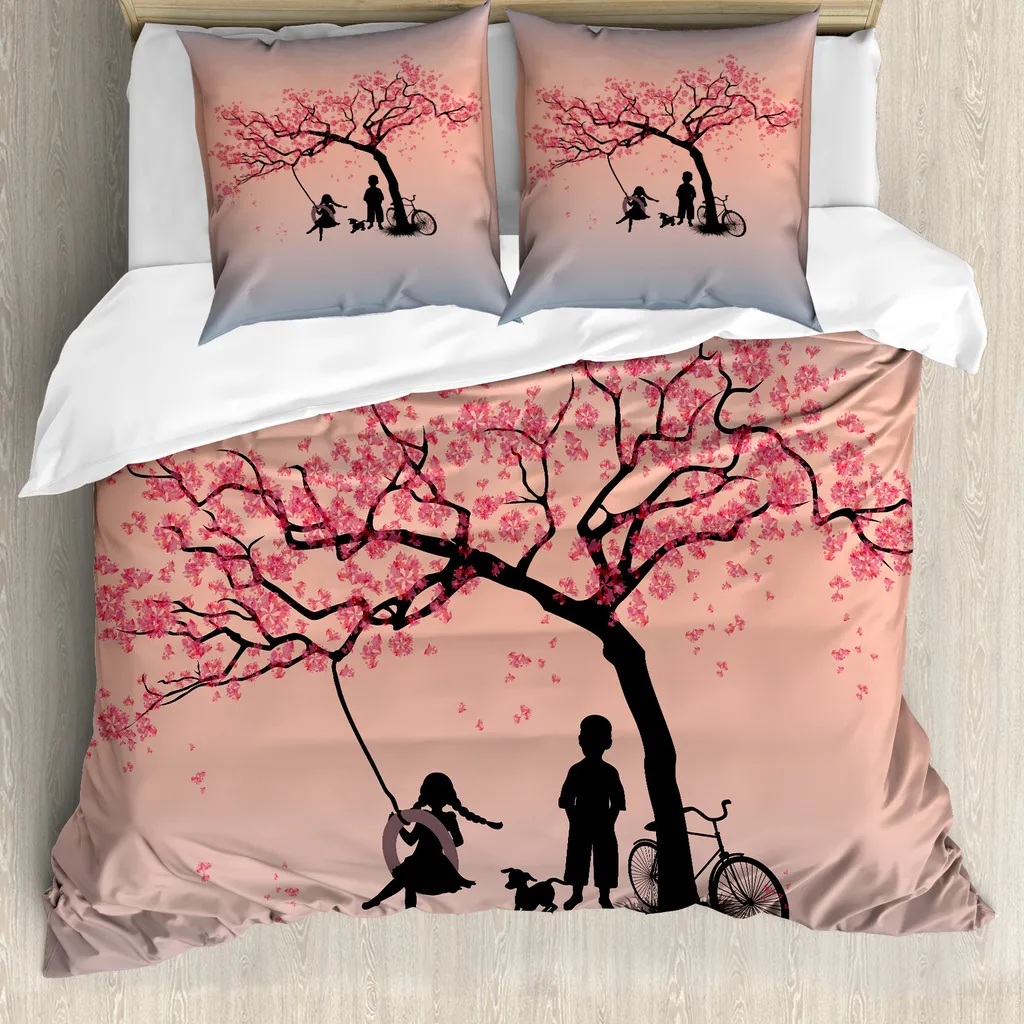 ABAKUHAUS Albero della vita Copripiumino, Spring Blossom, antiacaro, adatto a chi soffre di allergie, con federe, 200 cm x 200 cm - 80 x 80 cm, rosa nero